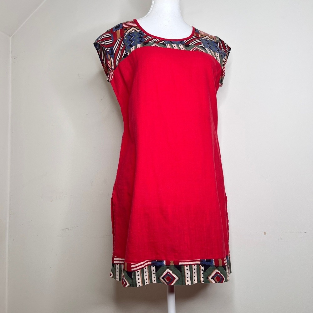 Vintage Red Sleeveless Tunic Top Geometric Print Longline Boho 100% Cotton
